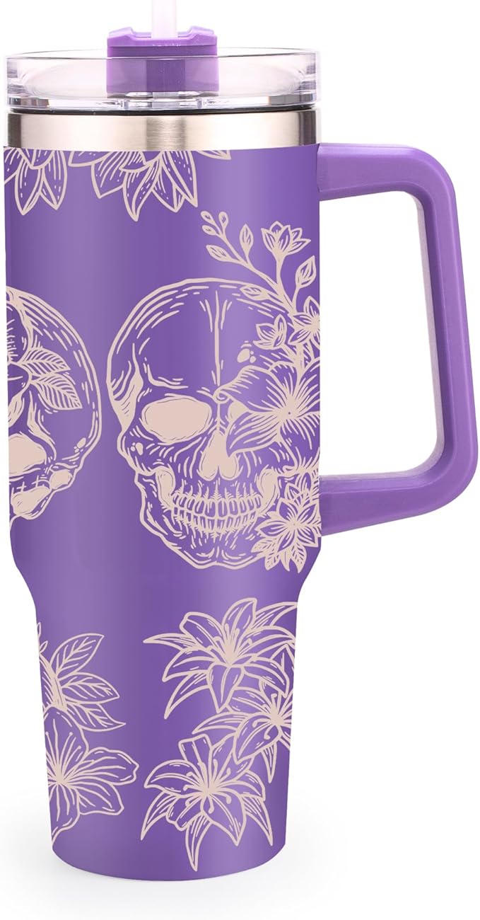 40oz Skull Flower Tumbler With Lid and Straw, 40oz Tumbler Wrap, Stainless Steel Insulated Tumbler for Water, Iced Tea or Coffee (Purple)
