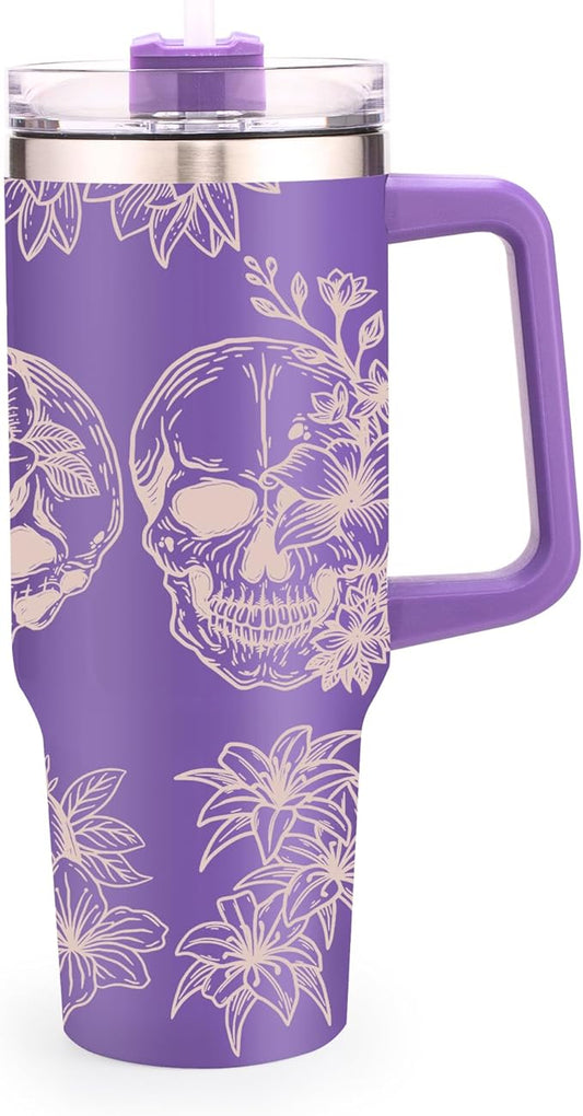 40oz Skull Flower Tumbler With Lid and Straw, 40oz Tumbler Wrap, Stainless Steel Insulated Tumbler for Water, Iced Tea or Coffee (Purple)
