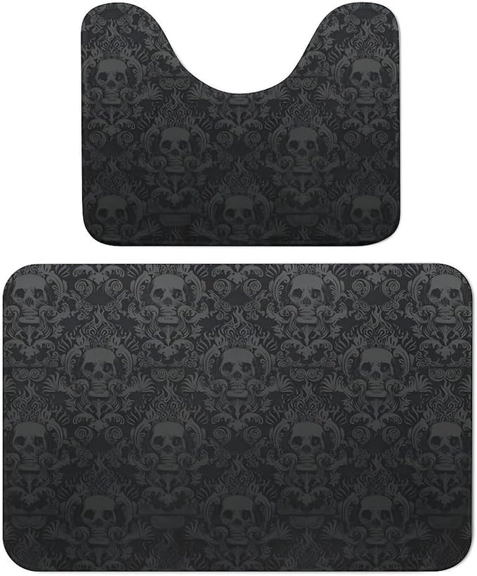 Goth Gothic Black Skull Damask 2-Piece Bathroom Rug Set Non-Slip Toilet Mat Absorbent Bath Rug Set Shower Mat Bathroom Special.