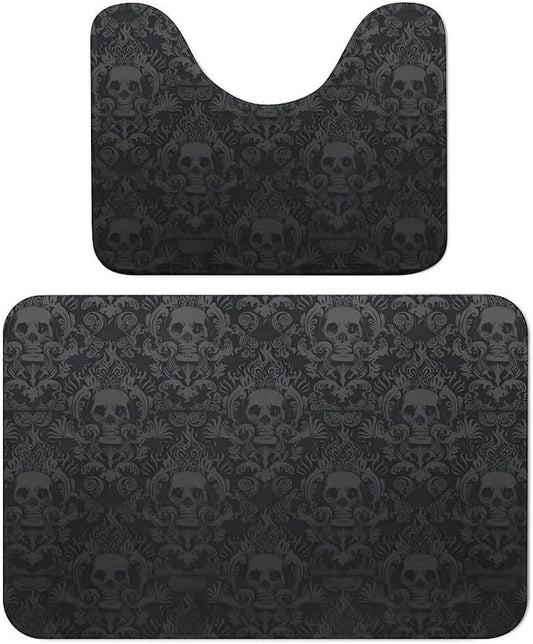 Goth Gothic Black Skull Damask 2-Piece Bathroom Rug Set Non-Slip Toilet Mat Absorbent Bath Rug Set Shower Mat Bathroom Special.