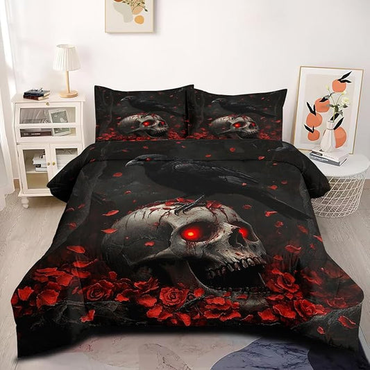 Gothic Comforter Set Queen Size Black Red Skeleton Crow Comforter Romantic Rose Floral Human Skull Bedding Set 3 Pcs (1 Comforter, 2 Pillowcases)