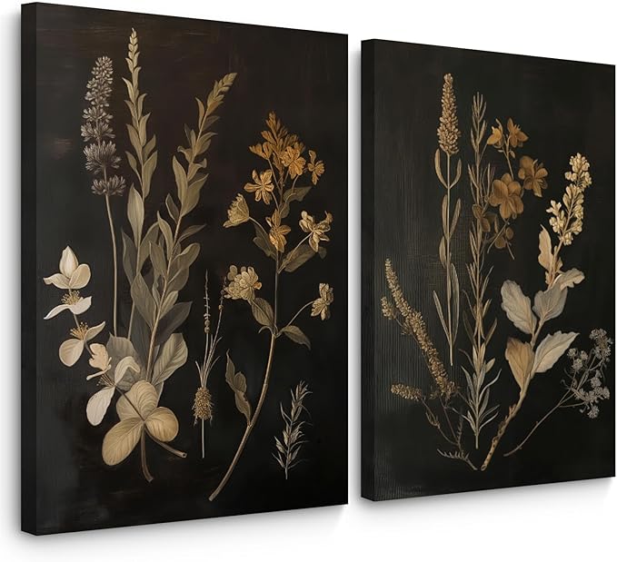Vintage Floral Wall Art Decor Black Botanical Canvas Art Moody Flower Wall Art Dark Academia Poster Painting Vintage Floral Prints Pictures for Bedroom Living Room 12x16 Inch Framed Set of 2