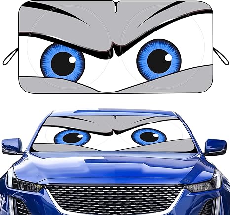 Car Windshield Sun Shade, Funny Eyes Sun Visor, Wear-Resistant Black Tape, Foldable 59‘’x27.5‘’/63''x31.5''