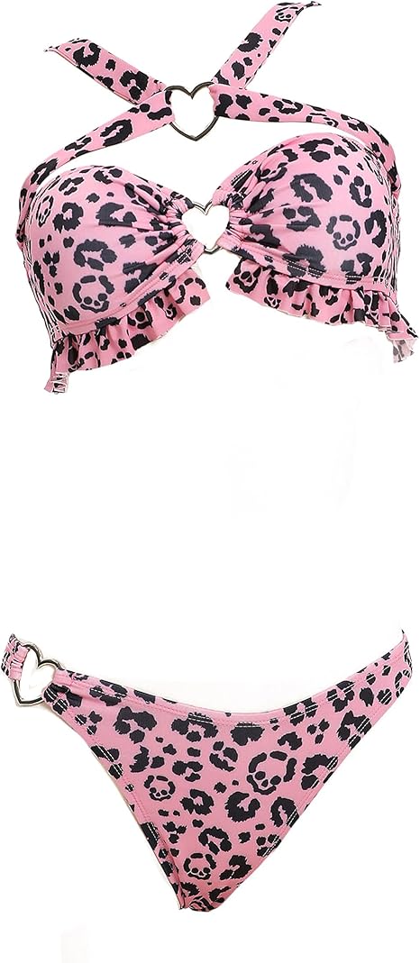 MEOWCOS Women's Bikini Sets Halter Top and Panty Bottom Unique Skull Leopard Print Two-Piece Swimsuit Pink