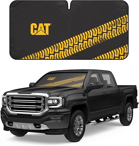 CAT Auto Shade for Car/Truck Windshield Pop-Up Sunshade UV Reflective Sun Shade Black with Yellow Tire Tracks – Jumbo Size 64” x 32”
