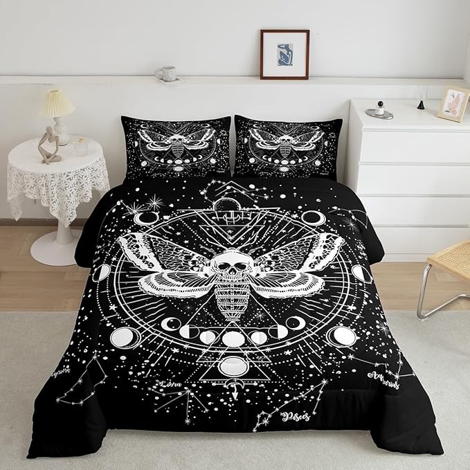 Kids Boho Moth Comforter Set Queen Boys Gothic Skull Bedding Set For Men Women Bedroom Decor Bohemian Moon Starry Sky Comforter Exotic Moth Skull Skeleton Bones Duvet Set Teens Quilt Set, Black White