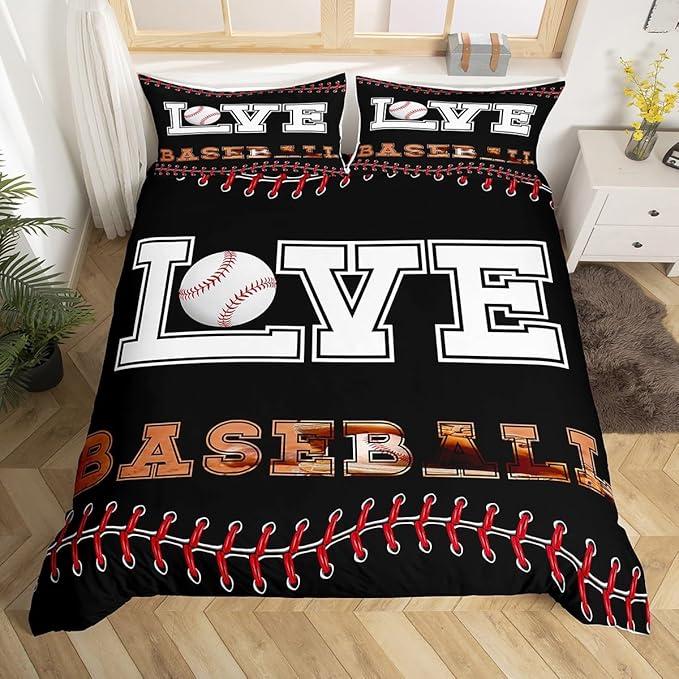 Erosebridal Baseball Bedding Set for Boys, Sports Games Duvet Cover Twin Size, Baseball Lover Comforter Cover Red and Black Soft Microfiber Bedspread Cover for Kids Girls Teens Juvenile Adult Men
