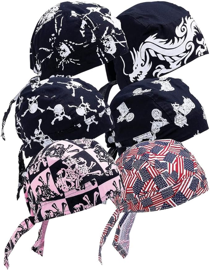 Diamond Plate Skull Cap for Fashion and Keeping Sweat and Hair Out of the Face, Cotton, Assorted Set of 6