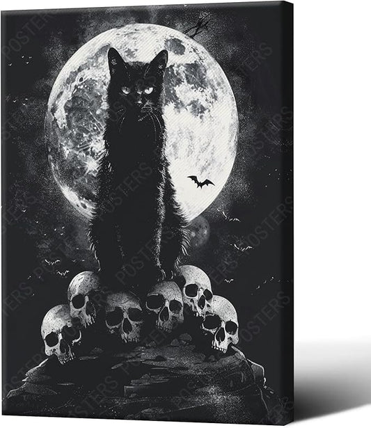 Cool Mystery Halloween Poster Scary Black Cat Skull Full Moon Wall Art Canvas Print Posters Gothic Room Aesthetic Bedroom Wall Decor 12X18 in Unframed-Canvas Rolled Up
