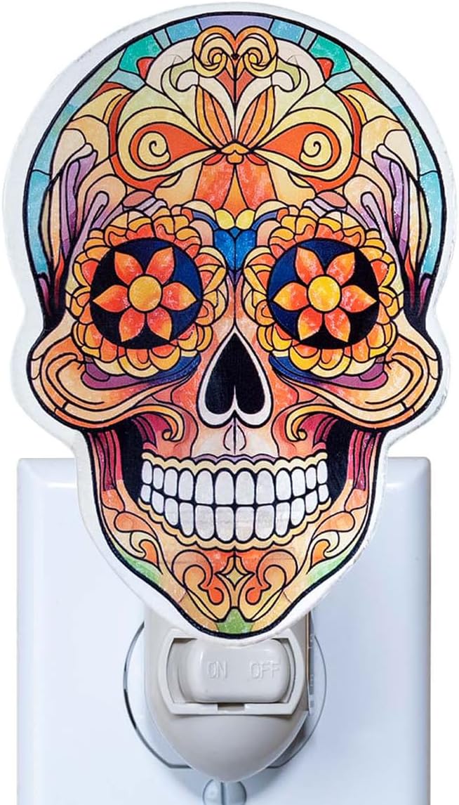 Sugar Skull Night Light Plug in – Stained Glass Styled Dia de Los Muertos Decor with Marigolds, Mexican Heritage Accent, Halloween Wall Light, Unique Gift for Day of The Dead (Green & Yellow)
