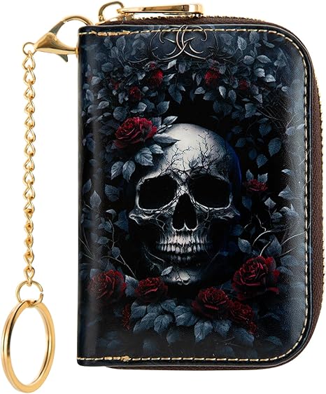 Womens Leather Wallet RFID Blocking Credit Card Holder Zipper Card Case for Ladies Girls (Rose skull)