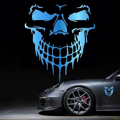 HungMieh Skull Stickers and Decals for Car Windows Doors and Trucks, 3D Skull Decals and Signs for Car Styling, Laser Skull Bumper Stickers for Car Decor, Chrome Blue, 25"