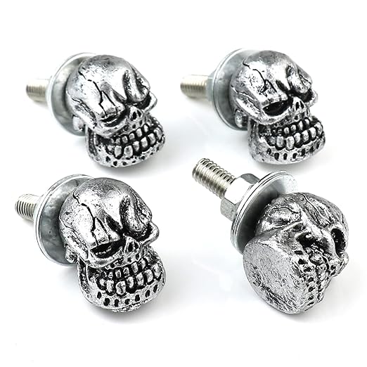 Skull License Plate Screws 4 Pcs/Set Decoration Universal Car Truck Motorcycle License Plate Frames Bolts Fasteners Trim Replacement Kit (Silver)