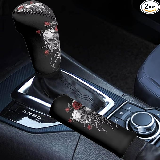 Skull Rose Print Car Gear Shift Knob Cover Handbrake Cover Set, Dustproof Car Shift Lever Handle Protector, Universal Case Sleeve Hand Protector for Truck SUV, Set of 2
