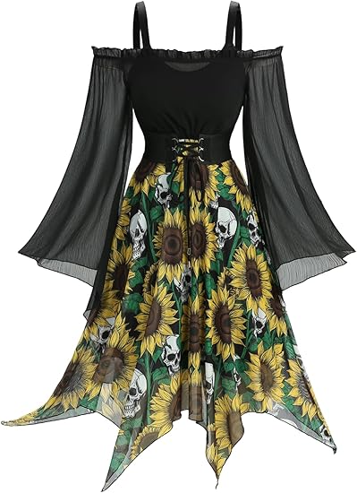 Gothic Vintange Sunflowers Skulls Printed Lace Up Cold Shoulder Sheer Flare Sleeves Dress