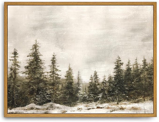 Roslynity Framed Canvas Wall Art Vintage Print Paintings Winter Pine Tree Forest Christmas Rustic Landscape Country Snow Retro Nature Artwork for Home Living Room Bathroom Wall Decor (12"x16")