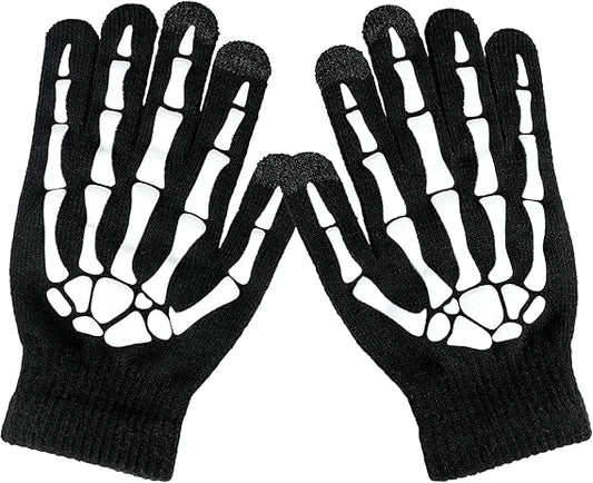 Luminous Halloween Costume Skull Gloves,Thickened Skeleton Gloves with Touch Screen,Stretch Knit Winter Warm Novelty Gloves
