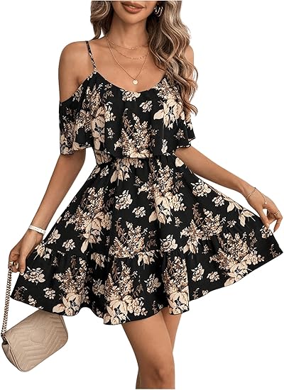 Women's Boho Floral Print Cold Shoulder Dress Short Sleeve Ruffle A Line Vacation Elegant Mini Dresses