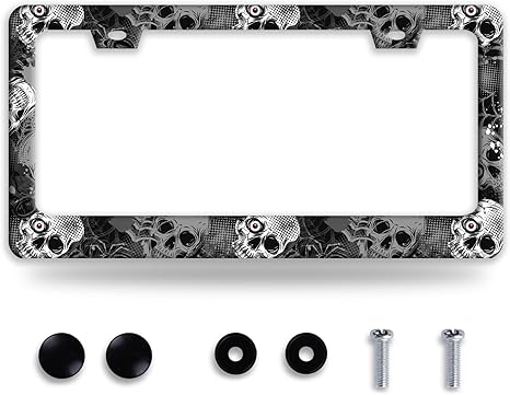 Skull License Plate Frame Gothic Skeleton License Plate Holder Funny Stainless Steel Accessories Cars Decor with 2 Holes and Screws Fits Standard Us Ca Vehicles 12.2 X 6 Inch