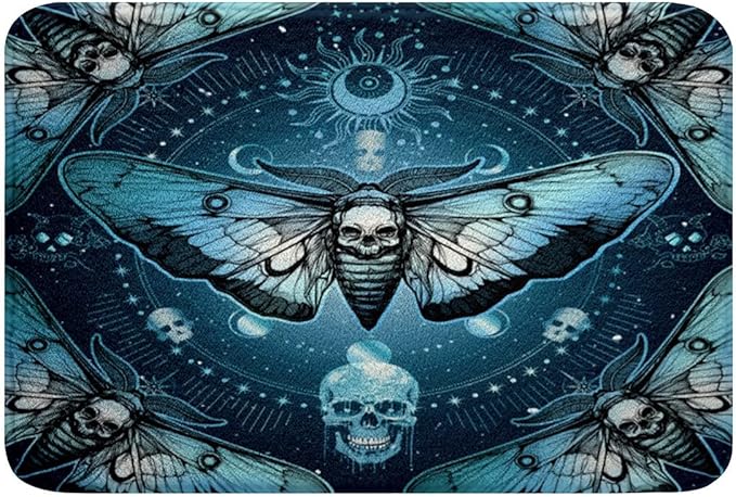 Feelyou Kids Death Moth Bathroom Rugs 16"x24" Boho Bohemian Exotic Bath Mats for Bathroom for Boys Girls Sun and Moon Goth Skull Blue Bath Rugs for Shower Tub Women Men Bathroom Accossories
