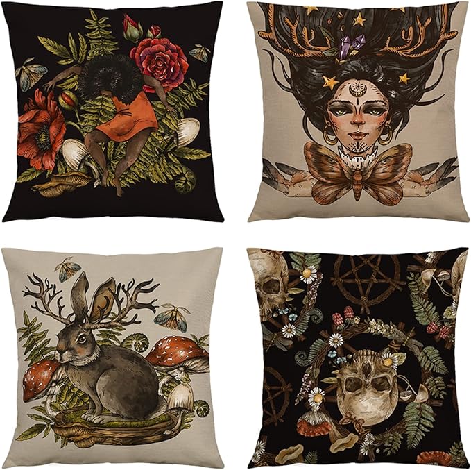 Mystery Witchy Decor Black Pillow Covers 18x18 Set of 4, Rose Skull Magic Girl Rabbit Mushroom Linen Pillow Cushion Cases, Farmhouse Home Decor