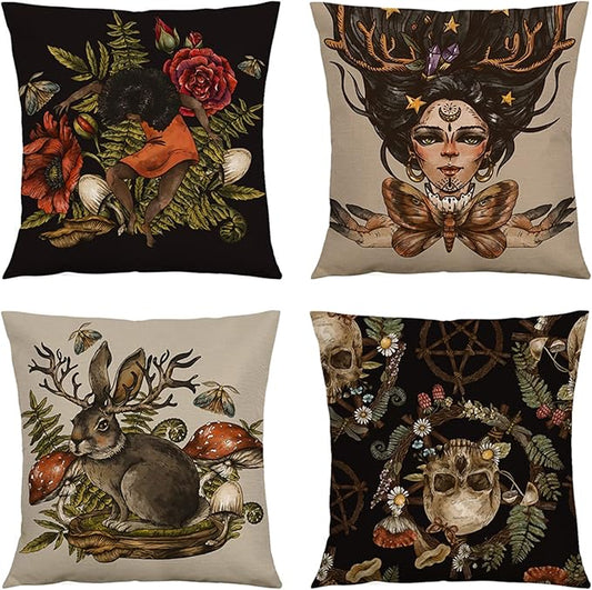 Mystery Witchy Decor Black Pillow Covers 18x18 Set of 4, Rose Skull Magic Girl Rabbit Mushroom Linen Pillow Cushion Cases, Farmhouse Home Decor