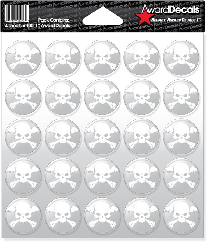 Award Decals New Skull and Crossbone (White on Clear) Sticker Set 1" (100 Decals) 20mil Thick Heavy Duty Vinyl Sports Helmet Award Decals
