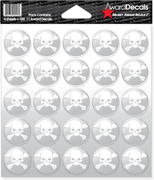 Award Decals New Skull and Crossbone (White on Clear) Sticker Set 1" (100 Decals) 20mil Thick Heavy Duty Vinyl Sports Helmet Award Decals