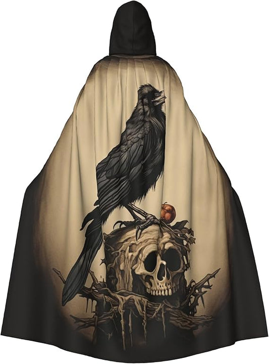 A Crow Perched on an Ancient Skull. Halloween Hooded Robe Cloak Christmas Holiday Party Hoodies Cape Cosplay Costumes (Unisex)