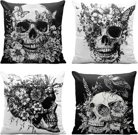 Skull Pillow Covers 18x18 Inch Set of 4, Skeleton Flowers Butterfly Black White Art Decorative Throw Pillow Cases Holiday Decorations for Sofa Couch Farmhouse Home