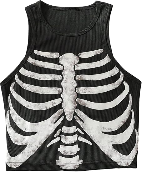 Women's Ribbed Knit Skeleton Print Crew Neck Graphic Fitted Crop Tank Top Shirt