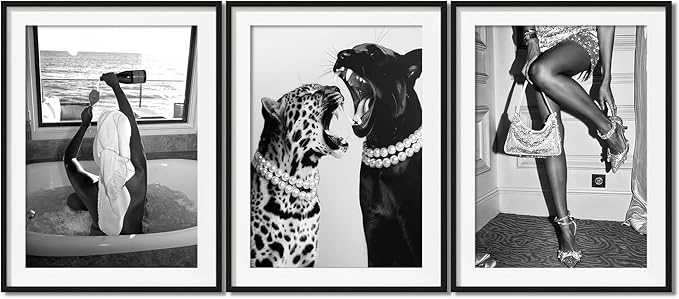 Black and White Wall Art Prints, Set of 3 Canvas Poster Fashion Woman with Champagne,Wild Leopard and Panther Painting, Black and white Decor,Modern Home Decor for Living Room, Bedroom16x24IN Unframed