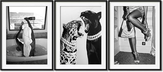 Black and White Wall Art Prints, Set of 3 Canvas Poster Fashion Woman with Champagne,Wild Leopard and Panther Painting, Black and white Decor,Modern Home Decor for Living Room, Bedroom16x24IN Unframed
