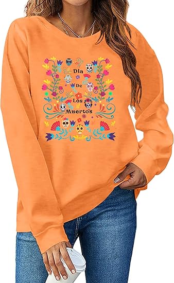 Dia De Los Muertos Shirts Women: Day of The Dead Long Sleeve Shirt Funny Skull Halloween Tee Fall Festival Top