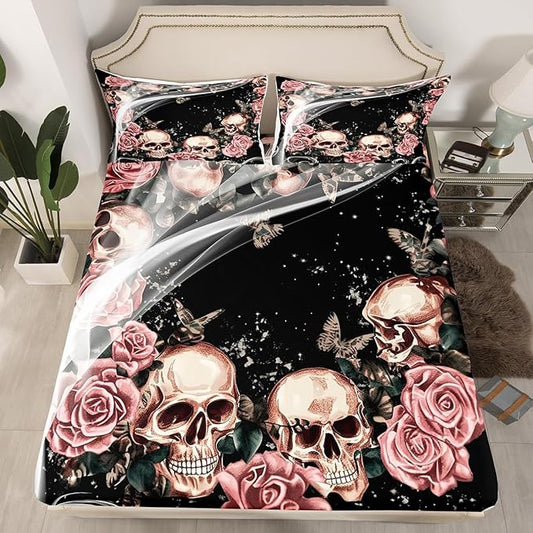 Rose Skull Fitted Sheet Gothic Skull Bedding Set for Kids Boys Girls Children Horror Skeleton Design Bed Sheet Set Ultra Soft Decor Retro Vintage Bed Cover Full Size