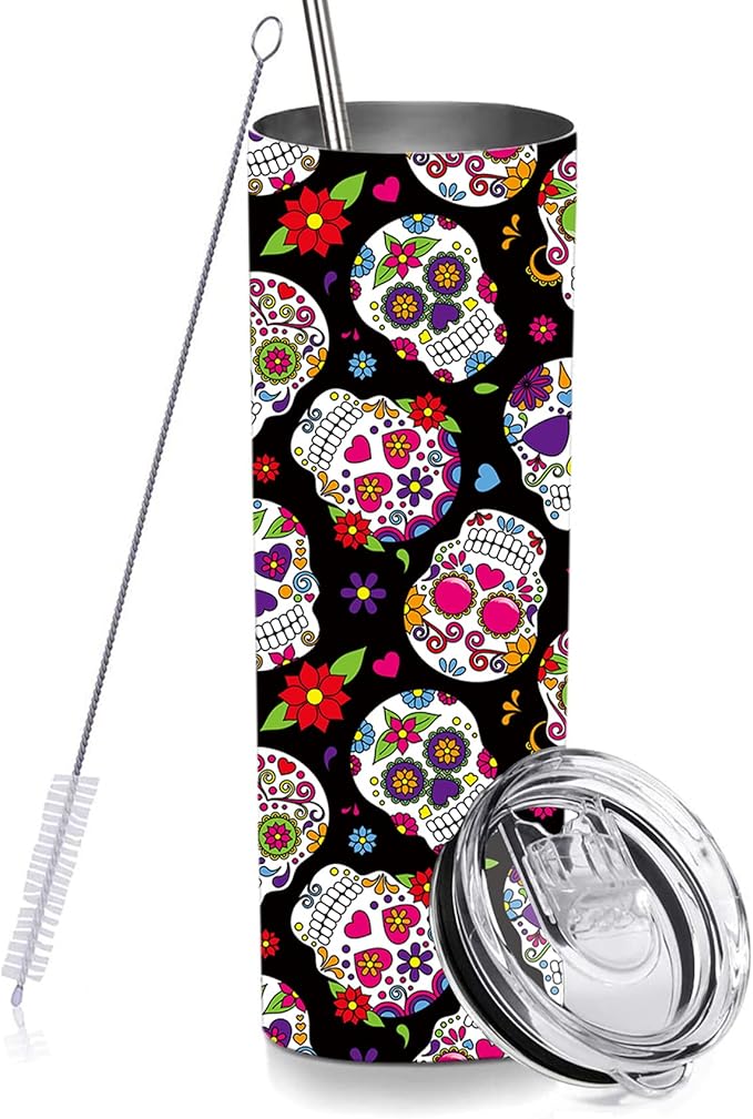 Sugar Skull Skinny Tumblers with Lids and Straws, Stainless Steel Vacuum Insulated Double Wall Travel Tumbler Cups 20 OZ for Men Women