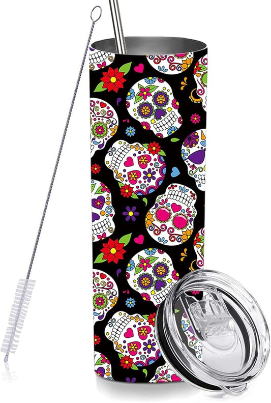 Sugar Skull Skinny Tumblers with Lids and Straws, Stainless Steel Vacuum Insulated Double Wall Travel Tumbler Cups 20 OZ for Men Women