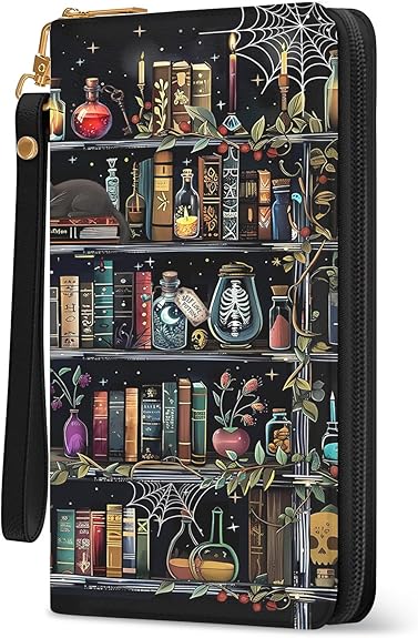 Womens Wallet Goth Gothic, Books Wristlet RFID Blocking Wallets for Women, Ladies Purse with Zip Around Credit Card Holder and 10 Card Slots & ID Window, Travel Large Capacity Women's Clutch Wallet