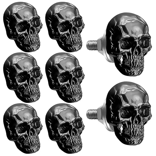 8 PCS Skull License Screws Skeleton Frame Plate Bolt Gothic Skulls Decor for Car, Motorcycle, Truck, Vehicle (Black)
