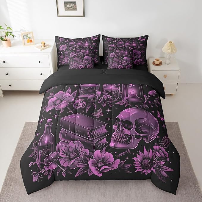 Feelyou Halloween Theme Sugar Skull Bed in a Bag Gothic Floral Comforter Set with Sheets - 7 Piece Bedding Set - Queen Size Reversible Bed Set