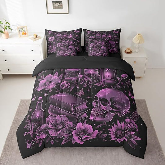 Feelyou Halloween Theme Sugar Skull Bed in a Bag Gothic Floral Comforter Set with Sheets - 7 Piece Bedding Set - Queen Size Reversible Bed Set