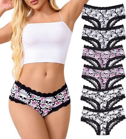 Women's Gothic Lace-Trimmed Hipster Panties 5~6Pack Skull and Rose Print Designs, Black White Pink Comfy Sexy Bikini