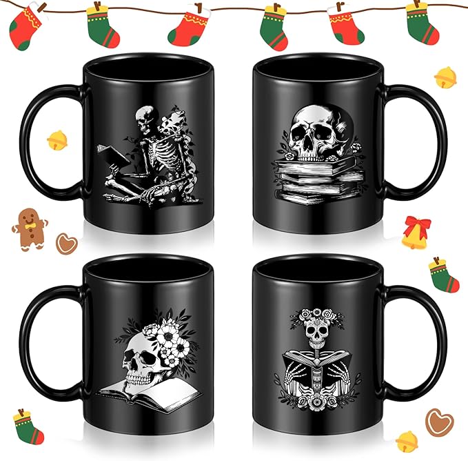 4 Pack Christmas Coffee Mugs 12 oz Skeleton Funny Coffee Mug Gothic Christmas Book Lovers Gifts Ceramic Goth Book Cup Bookish Skull Cup Halloween Gifts for Men Women Reader Librarian