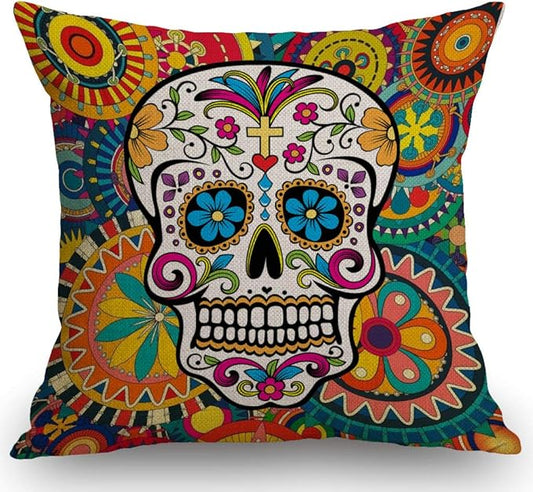 SSOIU Sugar Skull Cotton Linen Outdoor Pillow Cases Square Standard Cushion Covers for Sofa Couch Bed 18x18 inch
