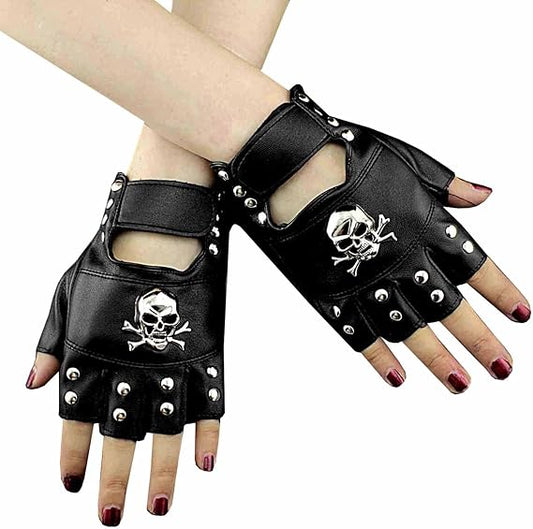 Skull Studded Punk Rock Biker Driving Women's Leather Fingerless Gloves One Size