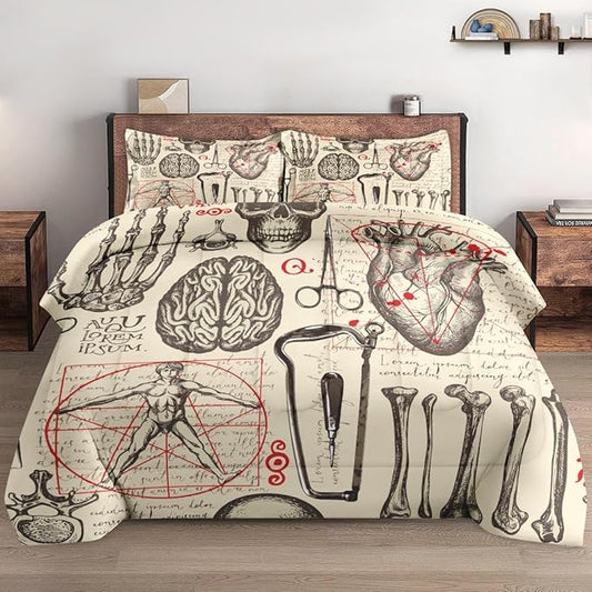 Queen Size Comforter Set with 2 Pillowcases, Vintage Science Anatomy Soft 3 Pcs Bedding for Kids and Adults Bedroom Bed Decor