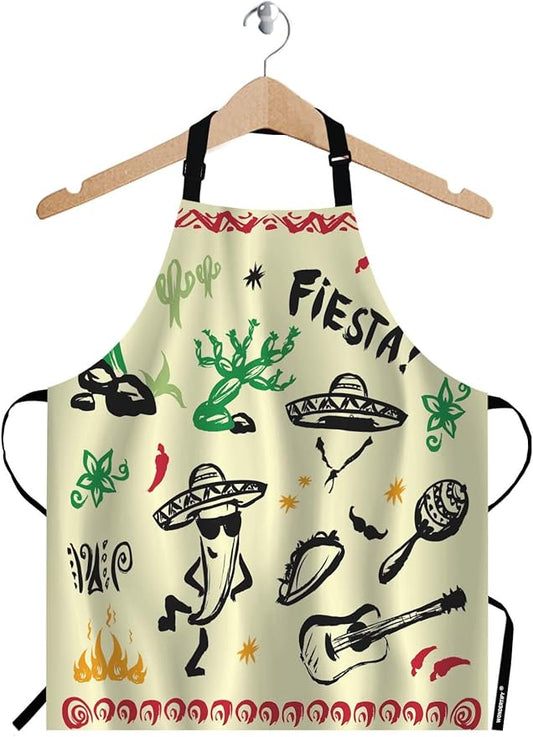WONDERTIFY Mexican Symbols Doodle Design Apron,Cactus Guitar Sombrero Taco Skull Music Instruments Bib Apron with Adjustable Neck for Men Women,Suitable for Home Kitchen Cooking Waitress Chef Apron