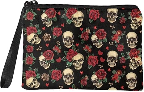 Rose Skull Coins Purse Mini Wallet Coins Bag for Women Portable Strap Wallet Bag Lightweight Change Purse with Zipper for Travel Outdoor Shopping