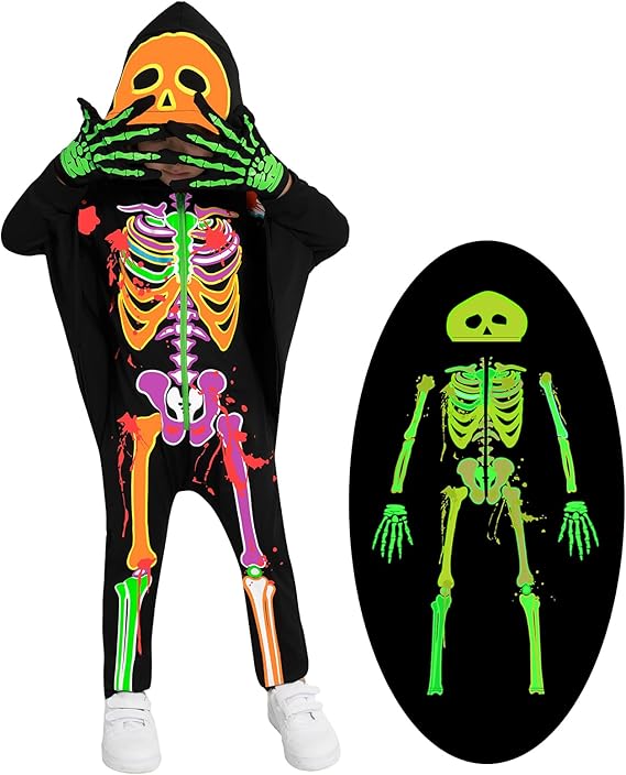 Kids Halloween Skeleton Costume Toddler Glow in The Dark Hooded Skull Bone Bat Jumpsuit Baby Boys Girls 3-10Y