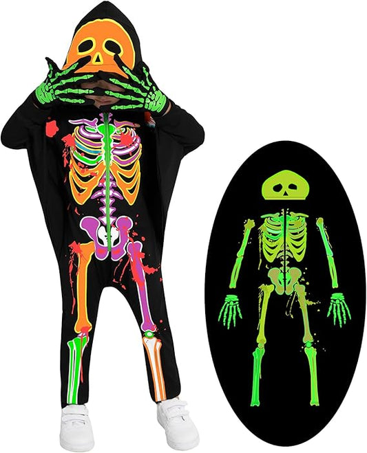 Kids Halloween Skeleton Costume Toddler Glow in The Dark Hooded Skull Bone Bat Jumpsuit Baby Boys Girls 3-10Y